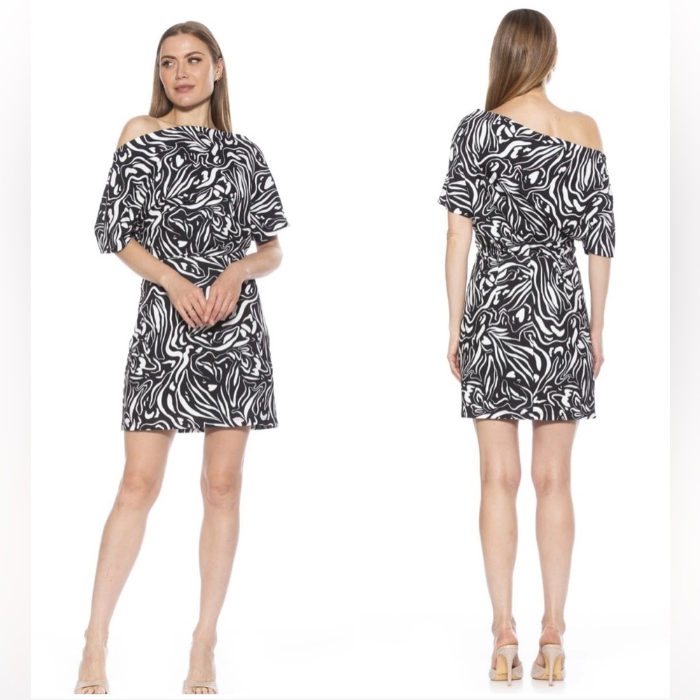 ALEXIA ADMOR Suri Draped One Shoulder Mini Dress, Color B/W Zebra, Sz Medium
